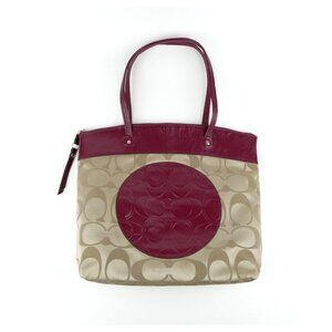 Coach Signature Khaki Burgundy Laura Tote Shoulder Bag F18335